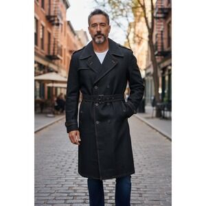 IL CANTO Mens Double Breasted Dark Wash Denim Trench Coat Belted Size 46R